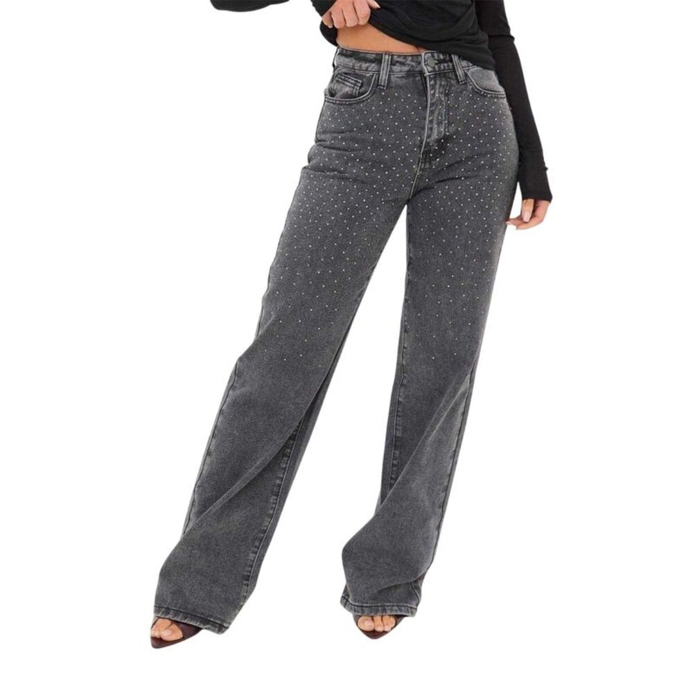 I Saw It First Womens/Ladies Denim Embellished Wide Leg Jeans / Washed Grey